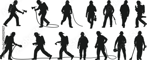 Firefighter silhouette collection, fireman emergency response poses with equipment and hose, rescue safety profession illustration isolated set