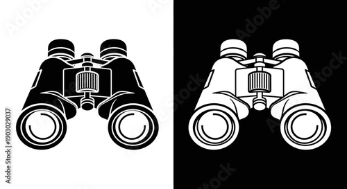 A black and white illustration of binoculars, presented in both positive and negative color schemes.