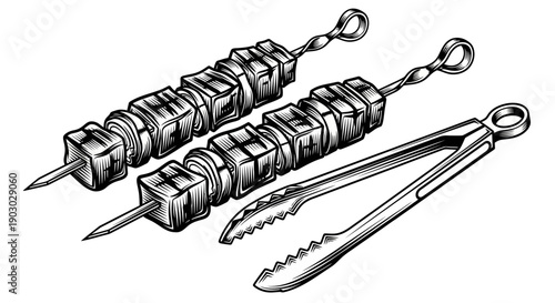 A black and white illustration of two meat skewers and a pair of barbecue tongs.