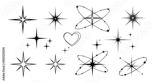 A collection of sparkling starbursts, twinkling lights, and orbiting star elements, along with a delicate heart outline, presented in a black and white graphic style.