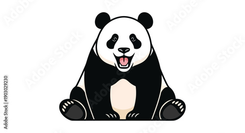 A cartoon illustration of a happy panda sitting with its mouth open and tongue out.