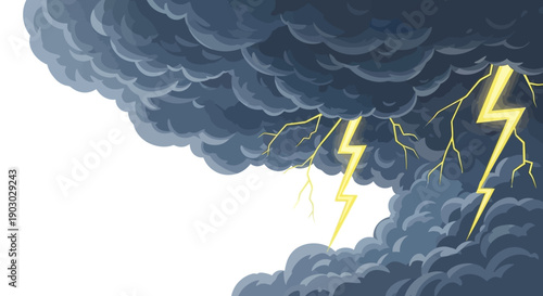 A dramatic illustration of dark, ominous storm clouds with bright yellow lightning bolts striking through them, symbolizing a powerful natural phenomenon.