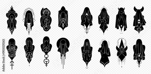 Set of dark occult female figures and symbols, mysterious esoteric vector illustrations.