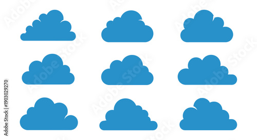 A collection of nine stylized blue cloud icons arranged in a 3x3 grid on a white background.
