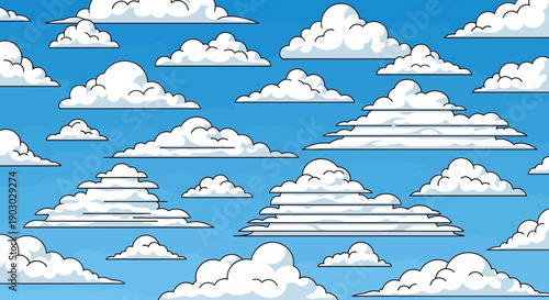 A vibrant, cartoon-style illustration of a bright blue sky filled with numerous fluffy, white clouds of various shapes and sizes, some appearing layered and stylized.
