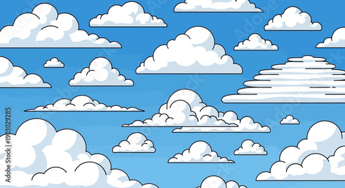 A vibrant cartoon illustration of a bright blue sky filled with fluffy white cumulus clouds of various sizes and shapes.