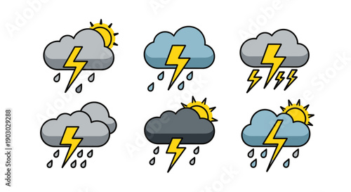 A collection of six weather icons depicting thunderstorms with rain and sunshine.