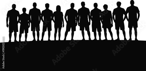 Silhouette of diverse group of people standing together in a row on white background, community and teamwork concept for unity, friendship and cooperation.