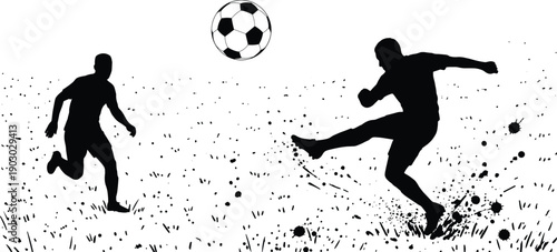 Soccer players silhouette kicking football on field with grass splash effect, sports competition match action illustration isolated on background