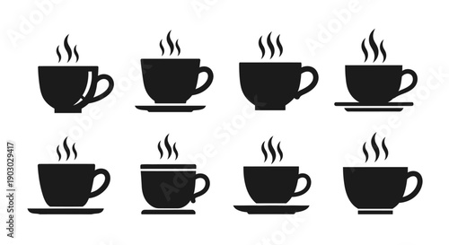 A collection of eight black coffee cups with steam rising from each, presented on saucers.