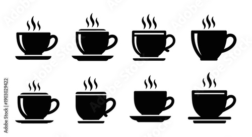 A collection of eight black coffee cup icons with steam rising, representing hot beverages.