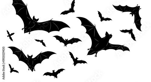 A collection of black bat silhouettes flying in a scattered formation against a white background.