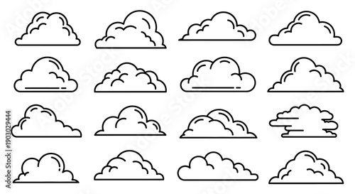 A collection of sixteen stylized cloud illustrations in a simple black and white line art style.