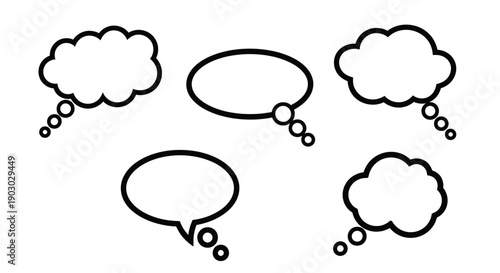 A collection of five empty speech and thought bubbles in various shapes and sizes, rendered in black outline on a white background.