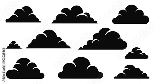 A collection of stylized black cloud icons, representing different shapes and sizes for weather or graphic design purposes.