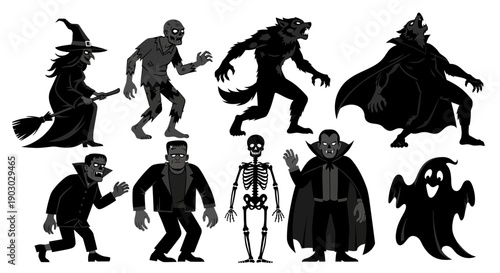 A collection of classic Halloween monster silhouettes including a witch, zombie, werewolf, vampire, Frankenstein's monster, skeleton, and ghost.