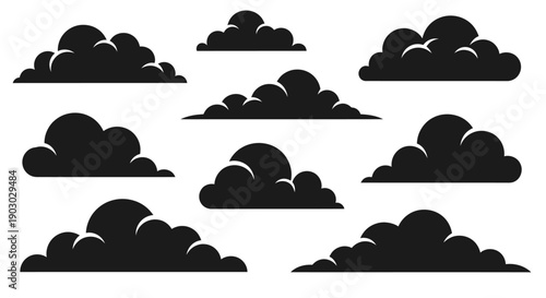 A collection of dark, stylized clouds against a white background, perfect for graphic design elements.