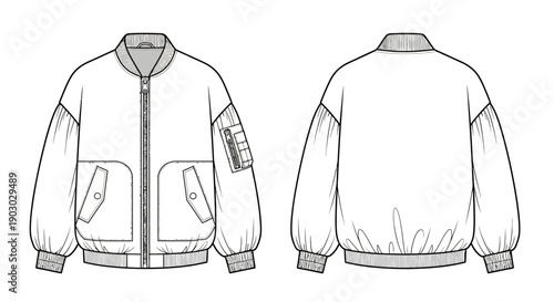 Front and back view of a white bomber jacket with a zippered front, ribbed cuffs and hem, and a utility pocket on the sleeve.