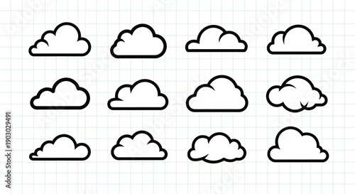A collection of twelve stylized, cartoon-like cloud icons with black outlines on a light grid background.
