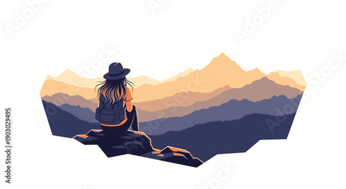 A lone hiker with a backpack and hat sits on a rock, gazing at a majestic mountain range at sunset.