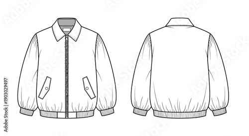 Front and back view of a white bomber jacket with a zipper and pockets, presented as a flat fashion illustration.