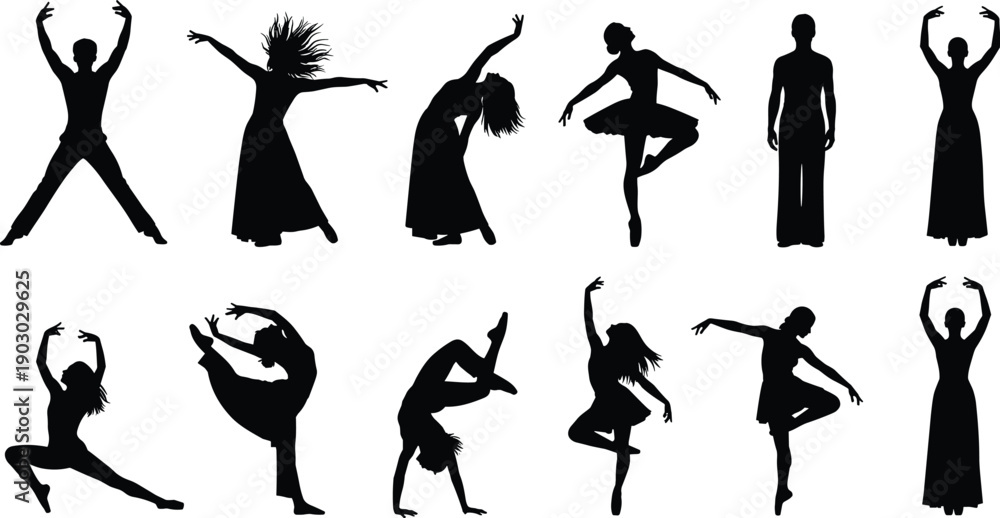 Fototapeta premium Silhouettes of male and female dancers performing contemporary and ballet dance moves, graceful artistic poses, modern dance performance, isolated vector illustration set