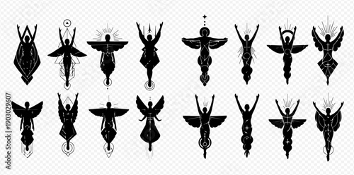 Set of black and white vector illustrations of angels, goddesses, and spiritual figures with wings and raised arms, symbolizing divinity and mysticism.
