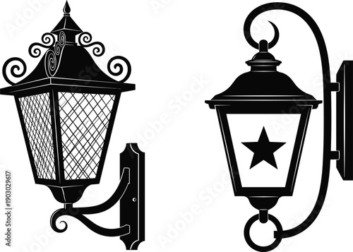 Vintage wall lantern silhouettes with ornate iron details classic outdoor street lamps and decorative lighting fixtures isolated black illustration set
