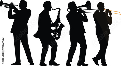Jazz musicians silhouettes playing trumpet, saxophone and trombone isolated on white background, music band performers collection for concert design vector illustration
