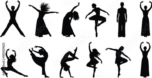 Silhouettes of male and female dancers performing contemporary and ballet dance moves, graceful artistic poses, modern dance performance, isolated vector illustration set