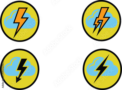 Thunderstorm lightning cloud icons set in circular badges, weather alert symbols for storm forecast, electricity, warning, app interface, and graphic design use