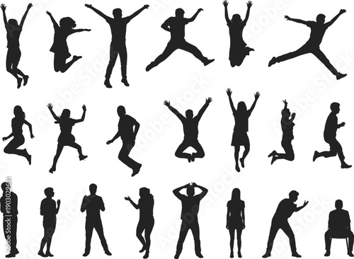 Jumping people silhouette collection, active men and women jumping, dancing, celebrating poses, energetic human figures isolated, motion action set for design use