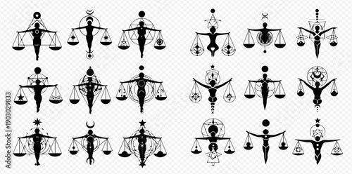 Set of human figures holding scales, representing balance, justice, and spirituality in various symbolic designs.