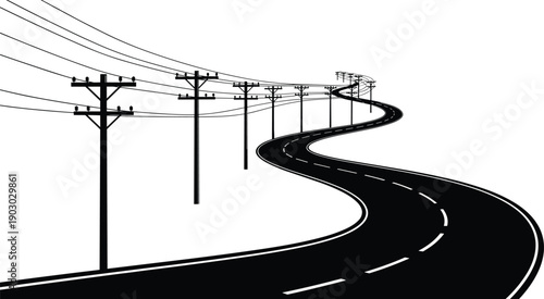 Winding road with power line silhouettes isolated on white background, curving highway and utility poles concept for transportation and energy infrastructure designs