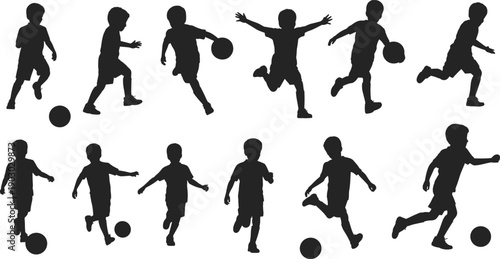 Kids playing football silhouettes isolated on white background, children soccer action poses set, active sport boys collection for recreation design vector illustration