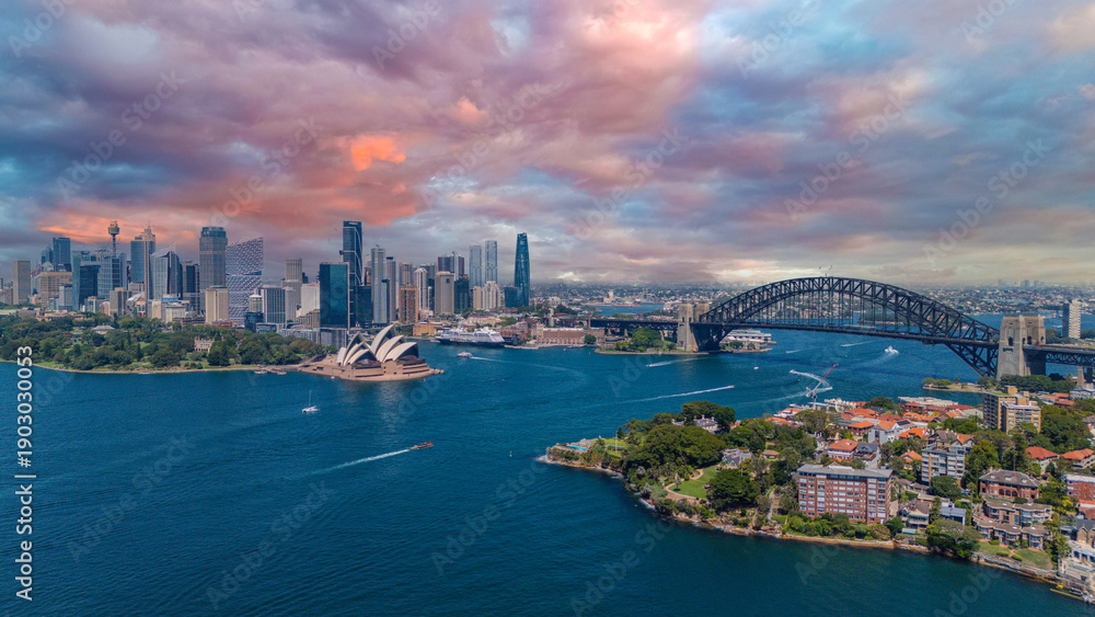 Obraz premium 5 February 2026 Aerial View of Sydney Harbour Circular Quay cruise Liner on a nice Summer day beautiful Sky in Sydney NSW Australia
