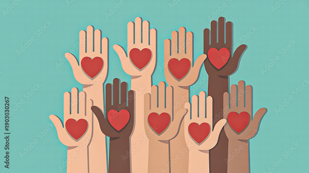 Fototapeta premium Diverse Raised Hands with Red Hearts, Unity, Love and Inclusion Concept on Teal Background