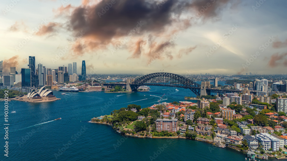 Obraz premium 5 February 2026 Aerial View of Sydney Harbour Circular Quay cruise Liner on a nice Summer day beautiful Sky in Sydney NSW Australia