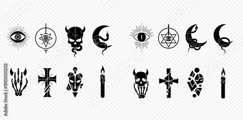 Set of dark gothic icons: all-seeing eye, pentagram, horned skull, crescent moon, skeleton hand, cross, demon, and candle on transparent background.