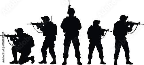 Military soldier silhouettes in tactical combat poses, armed squad defense formation illustration representing security, warfare readiness, and professional armed forces teamwork concept