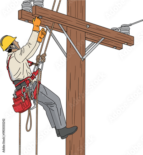 Utility line worker repairing power pole, safety harness and climbing gear, professional electrician maintenance work on electrical distribution infrastructure system outdoors