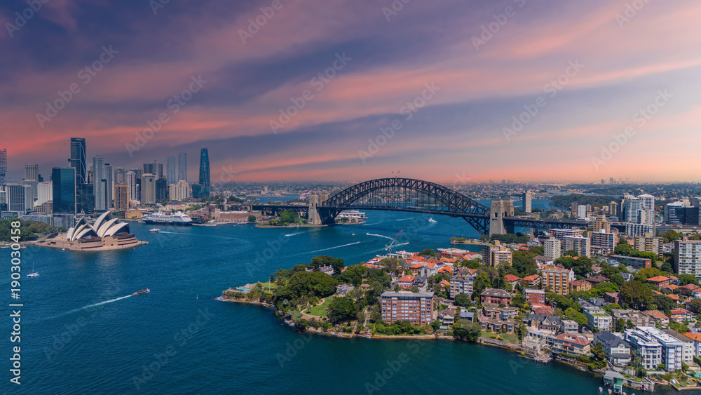 Fototapeta premium 5 February 2026 Aerial View of Sydney Harbour Circular Quay cruise Liner on a nice Summer day beautiful Sky in Sydney NSW Australia