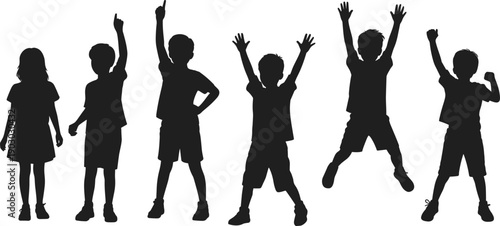 Silhouette of happy kids raising hands and jumping on white background, children celebration concept for success, freedom, education, fun activity and joyful childhood.