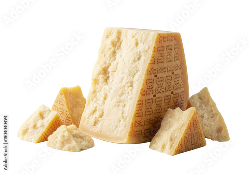 A large Grana Padano-like Italian cheese wedge and smaller pieces, showing crumbly texture and golden rind, isolated on a transparent background with soft high-key studio light, commercial food
