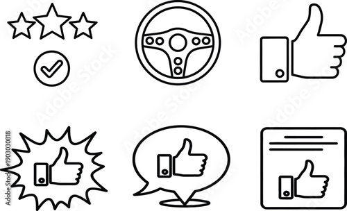Set of Outline Icons for Positive Feedback, Thumbs Up, Rating Stars, and Customer Reviews in UI/UX Design