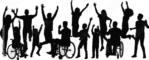 Silhouette, diverse, people, unity, inclusivity, wheelchair, children, adults, happiness, celebration, community, diversity, togetherness, equality, joyful, 
