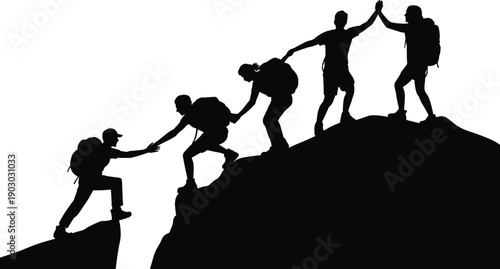 Silhouette of hikers helping each other climb mountain peak, teamwork and support concept for adventure travel, success, leadership, hiking challenge and outdoor expedition.