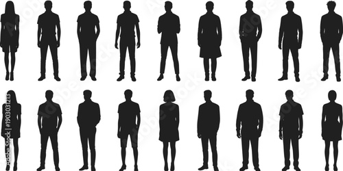 Standing people silhouette set, male and female human figures collection, casual full body poses isolated on white background illustration