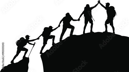 Silhouette of hiking team helping each other reach mountain summit, teamwork and leadership concept for adventure travel, success motivation, outdoor expedition and climbing challenge.