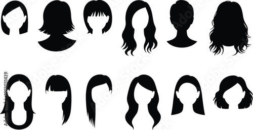 Women hairstyle silhouette collection, female head profiles with modern haircuts, beauty fashion avatar designs, salon cosmetic illustration isolated set